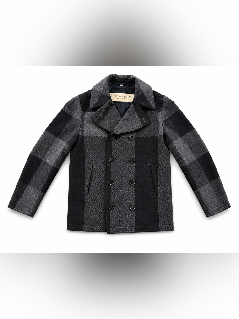 Burberry Brit Wool Men's Black & Gray Plaid Double-Breasted Peacoat | Large